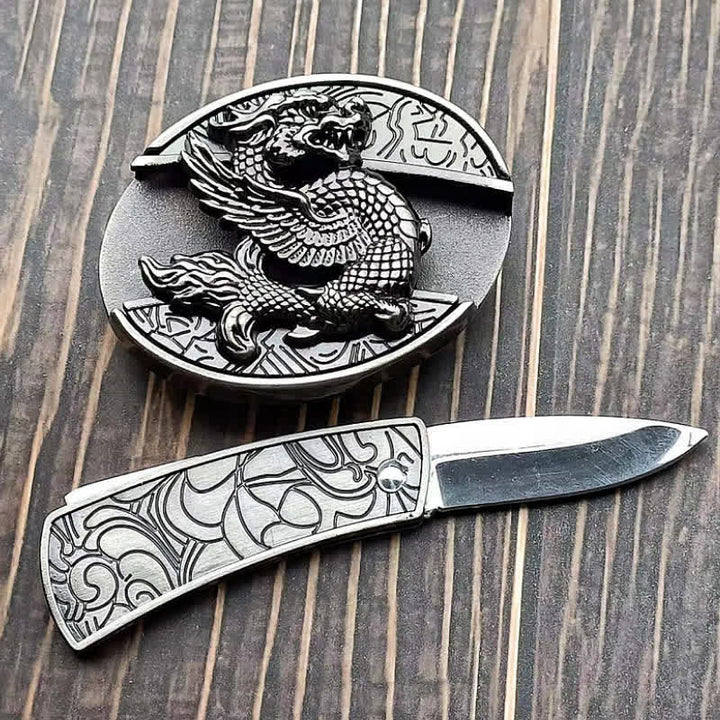 Cinturón de cuero con cuchillo plegable oculto de dragón volador para hombre
