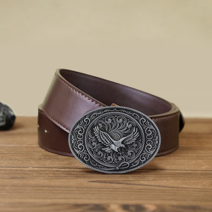 Cinturón de cuero con hebilla floral grabada con águila voladora para hombre hecho a mano