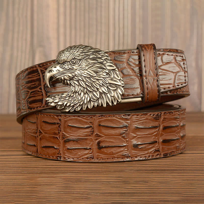 Cinturón de piel con relieve de cocodrilo y cabeza de águila para hombre