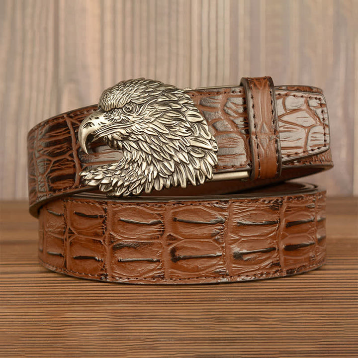 Cinturón de piel con relieve de cocodrilo y cabeza de águila para hombre