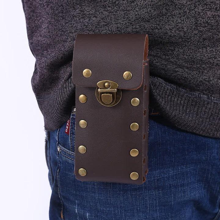Estuche para teléfono con dos capas verticales y cinturón.