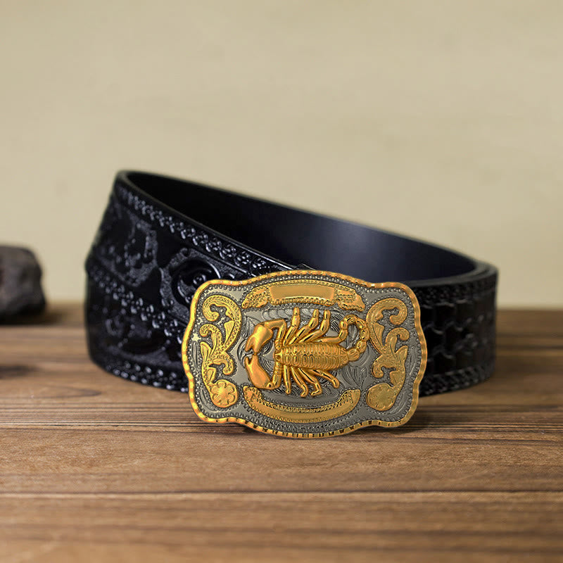 Cinturón de cuero con hebilla de escorpión dorado para hombre hecho a mano