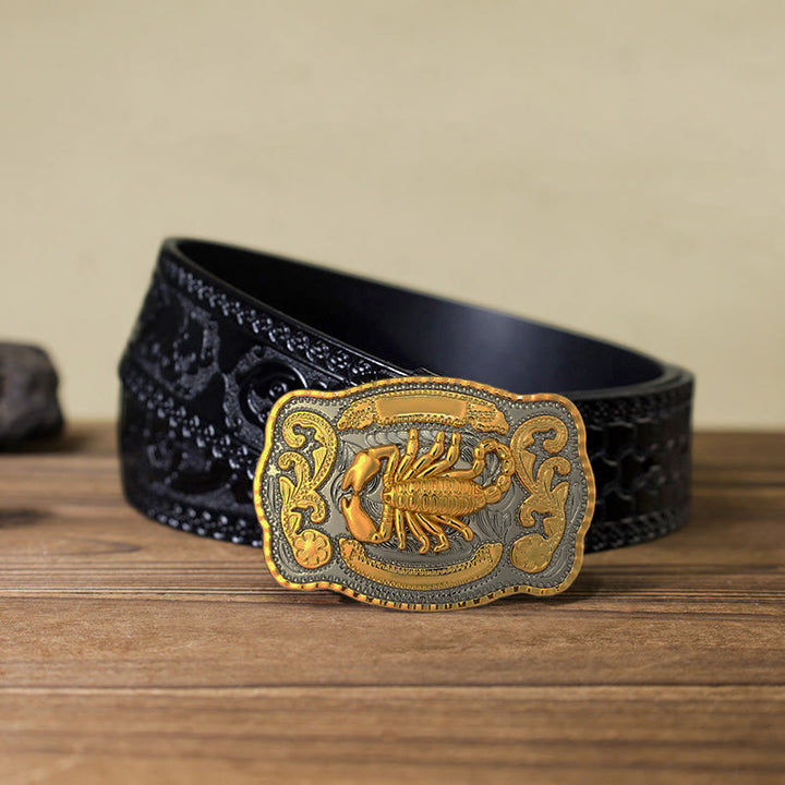 Cinturón de cuero con hebilla de escorpión dorado para hombre hecho a mano