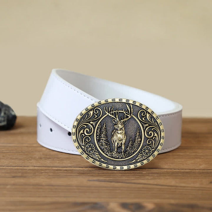 Cinturón de cuero con hebilla de bandera estadounidense para hombre, hecho a mano, con diseño de ciervos