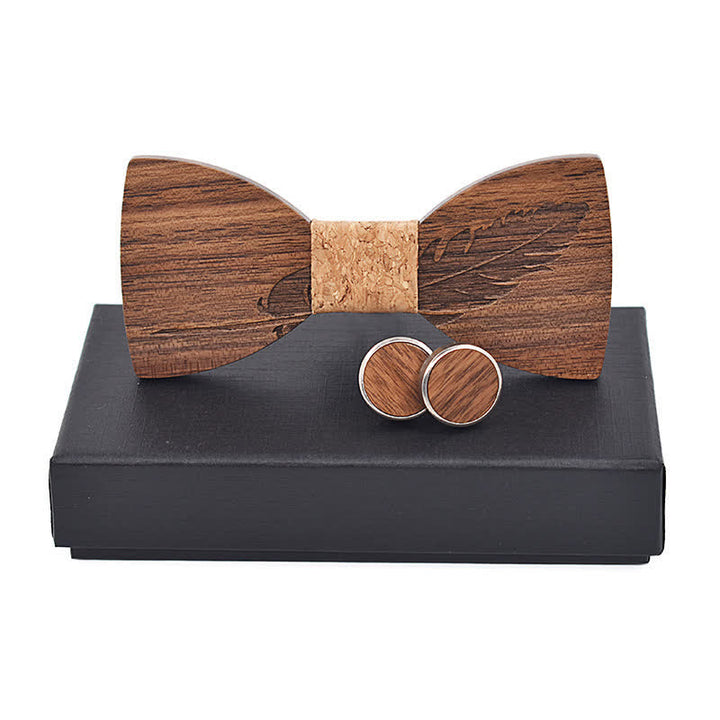 Juego de 2 pajaritas de madera con grabado de plumas para hombre