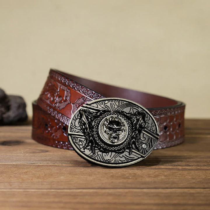 Cinturón de cuero con cuchillo plegable oculto y calavera giratoria para hombre