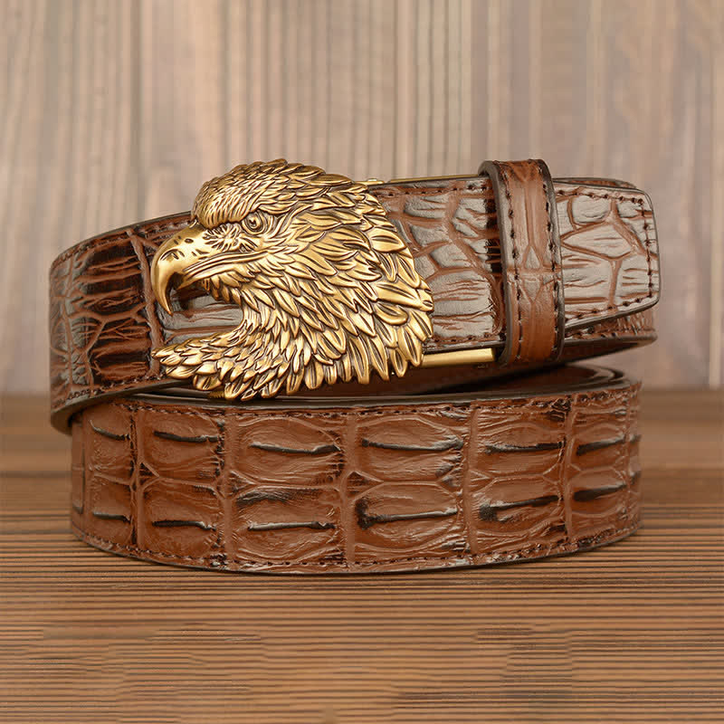 Cinturón de piel con relieve de cocodrilo y cabeza de águila para hombre