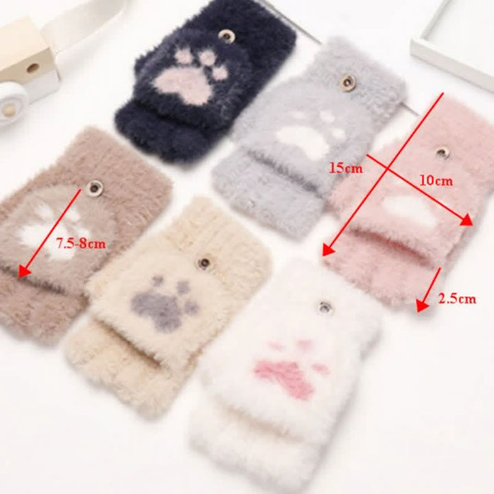 Guantes cálidos y ponjosos con estampado de pata de gato para mujer