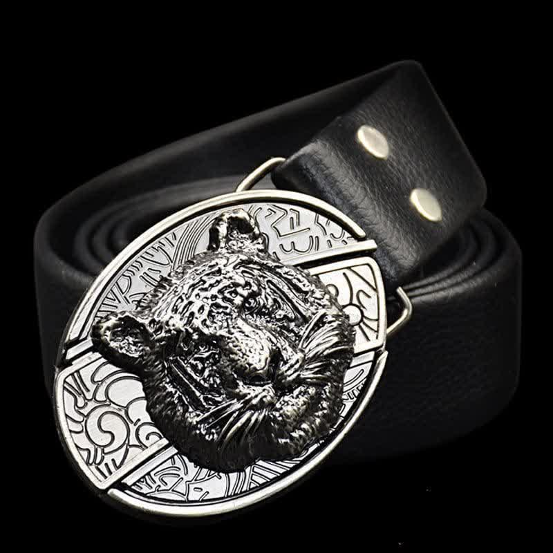 Cinturón de cuero con cuchillo plegable oculto con cabeza de leopardo para hombre