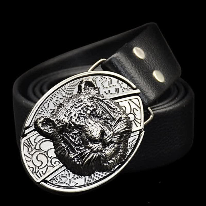 Cinturón de cuero con cuchillo plegable oculto con cabeza de leopardo para hombre