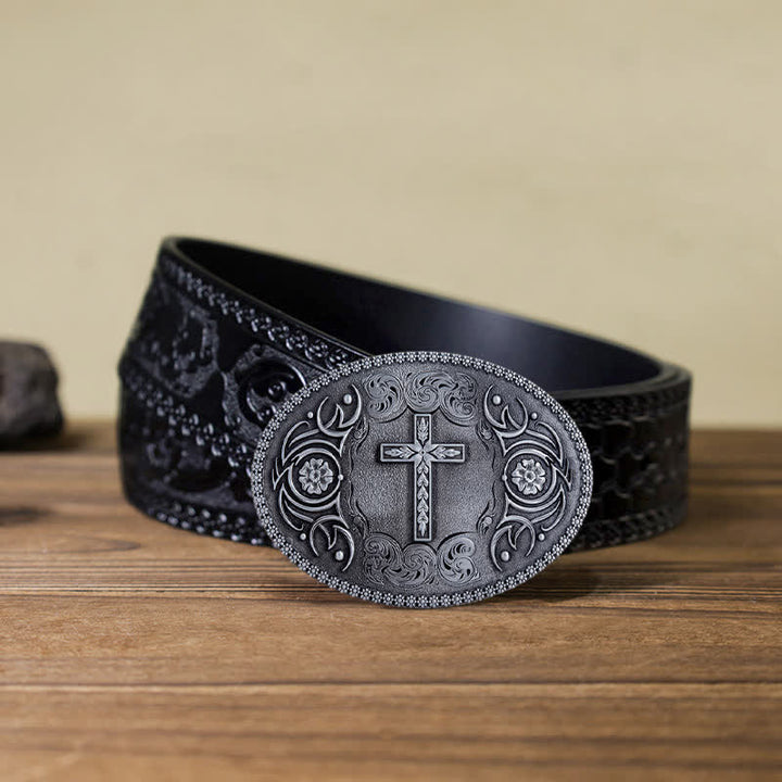 Cinturón de cuero con hebilla floral y cruz de fe para hombre, hecho a mano
