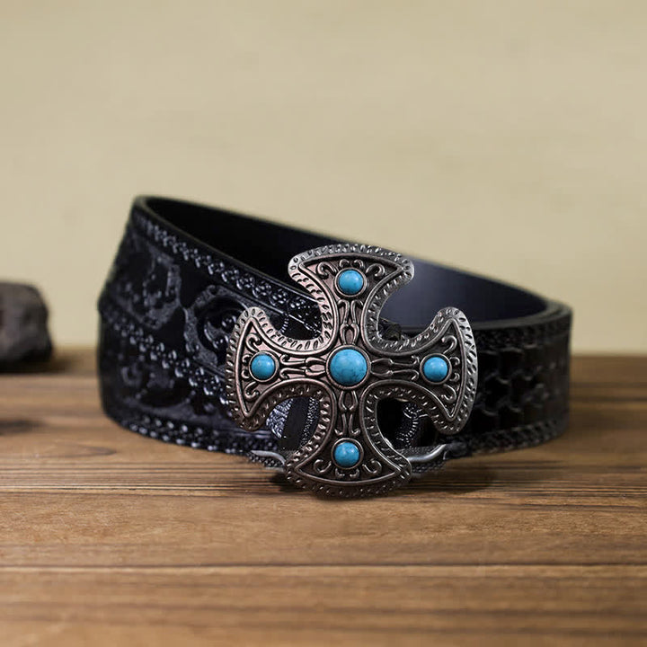 Cinturón de cuero con hebilla de cruz de piedra turquesa retro para hombre hecho a mano