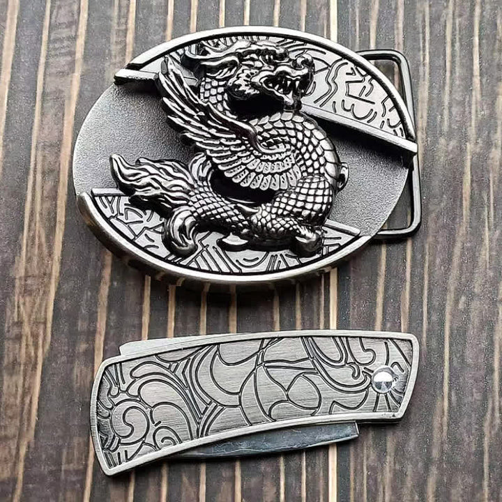 Cinturón de cuero con cuchillo plegable oculto de dragón volador para hombre