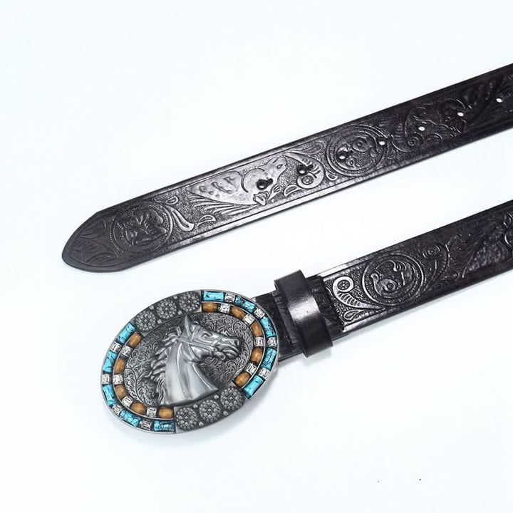 Cinturón de cuero turquesa con cabeza de caballo estilo vaquero para hombre