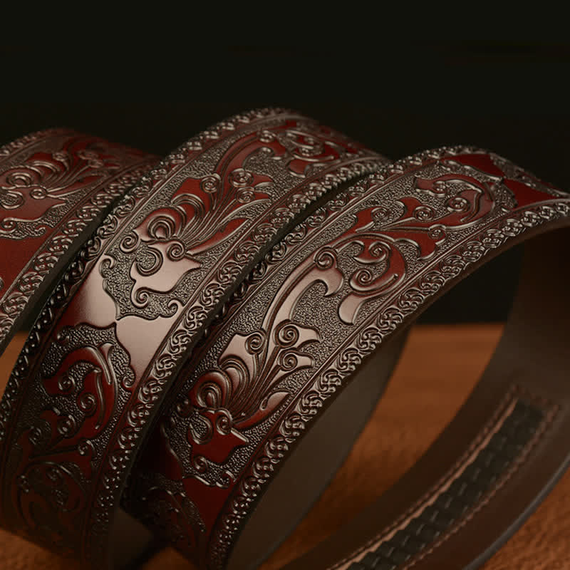 Cinturón de cuero con estampado floral y hebilla de tigre para hombre