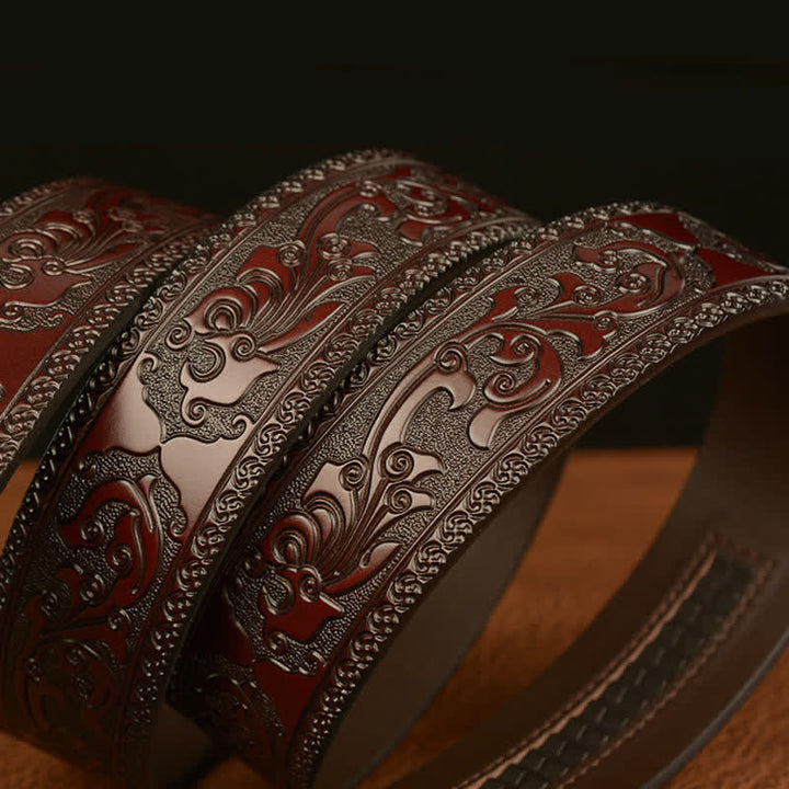 Cinturón de cuero con estampado floral y hebilla de tigre para hombre