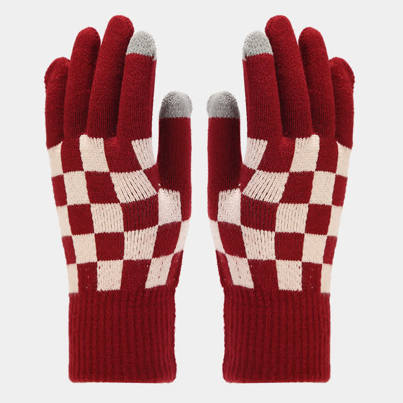 Conjunto de 3 guantes y gorro unisex a cuadros con bufanda