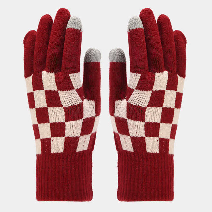 Conjunto de 3 guantes y gorro unisex a cuadros con bufanda