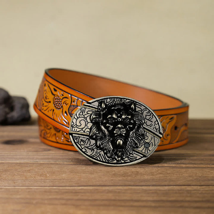 Cinturón de cuero con cuchillo plegable oculto con insignia de león para hombre