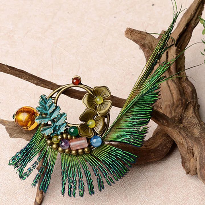 Broche de plumas de pavo real con diseño de flor de bronce retro para mujer