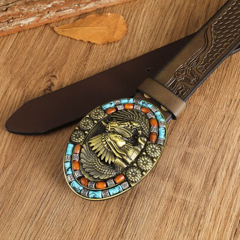 Cinturón de cuero turquesa con diseño bohemio indio para hombre