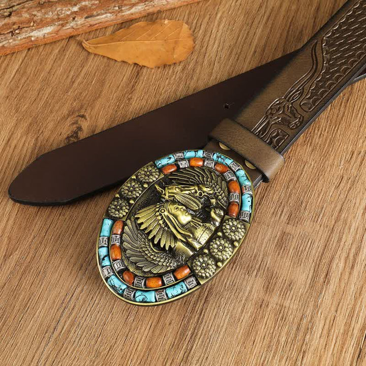 Cinturón de cuero turquesa con diseño bohemio indio para hombre
