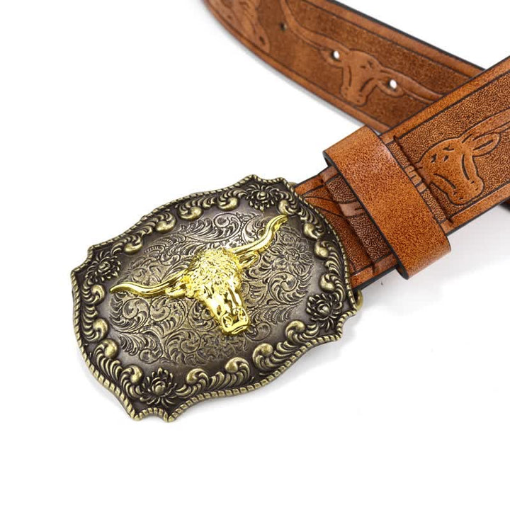 Cinturón de cuero con flor de toro grabada cuadrada para hombre