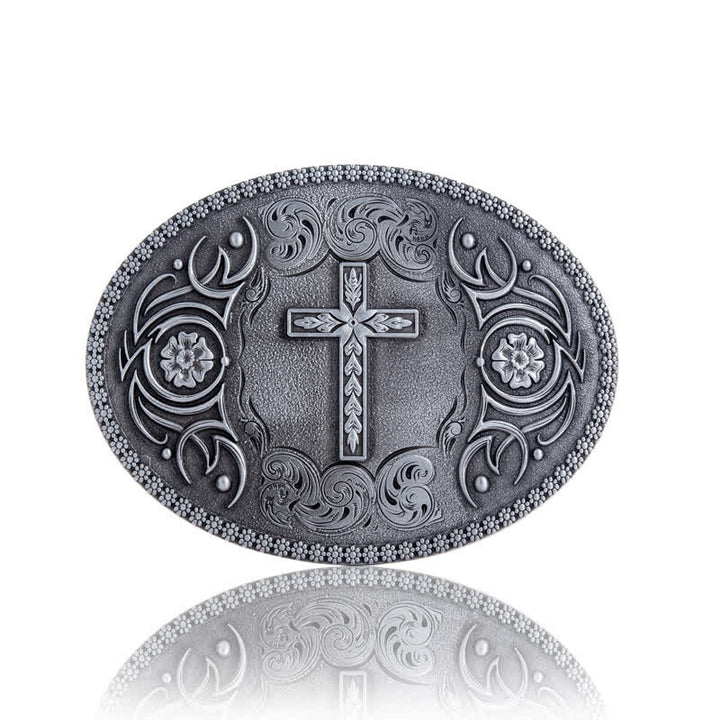 Cinturón de cuero con hebilla floral y cruz de fe para hombre, hecho a mano