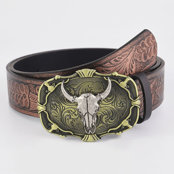 Cinturón de cuero con hebilla cuadrada y diseño de toro desgastado para hombre