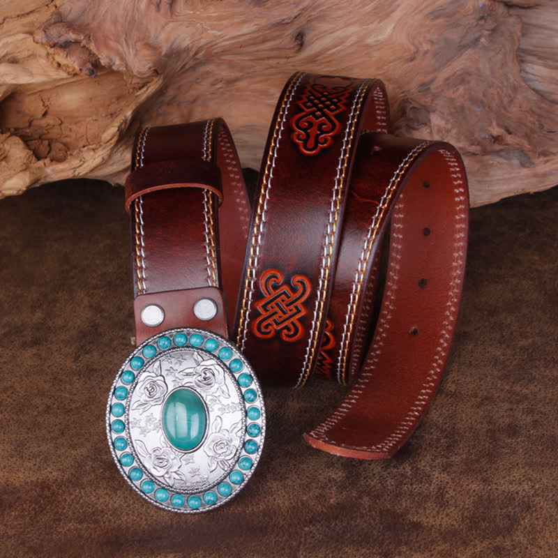 Cinturón unisex de piel de ágata de jade y turquesa rosa tallada