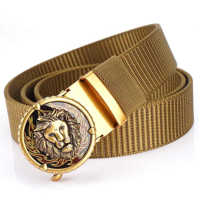 Cinturón de nailon práctico con estampado de cabeza de león para hombre - Caqui / Dorado - 48" - image 0