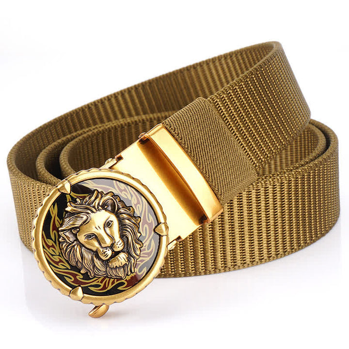 Cinturón de nailon práctico con estampado de cabeza de león para hombre - Caqui / Dorado - 48" - image 0