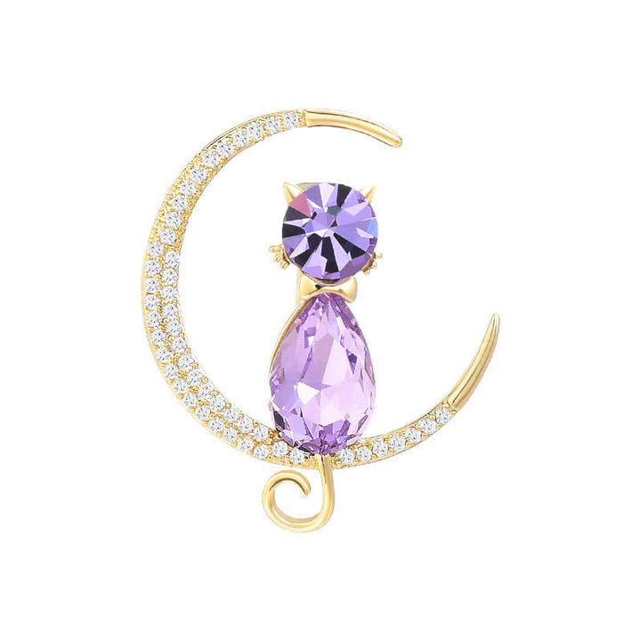 Broche de mujer con forma de luna y gatito en forma de menisco