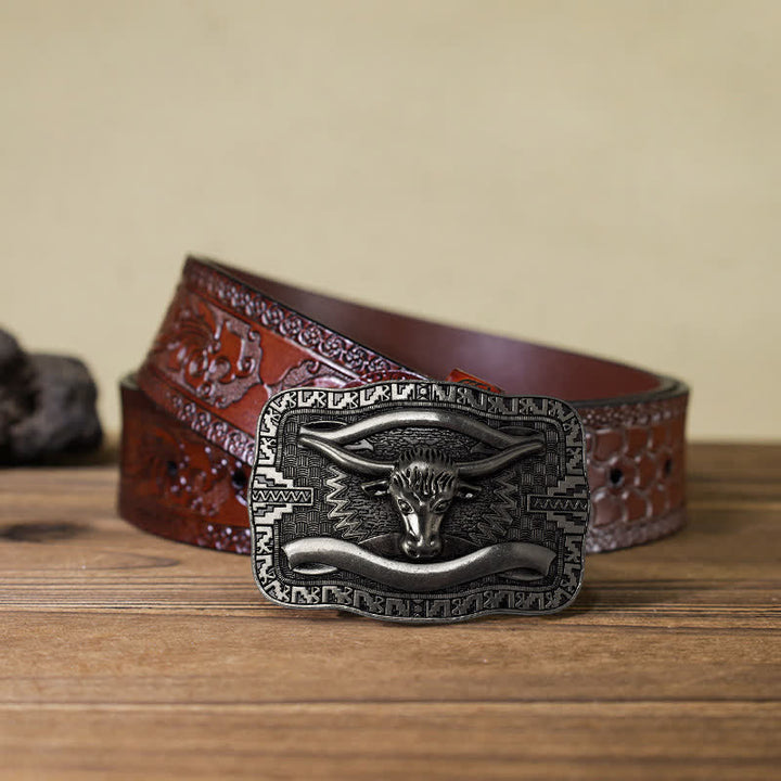 Cinturón de cuero con hebilla cuadrada de toro Longhorn para hombre, hecho a mano, en plata