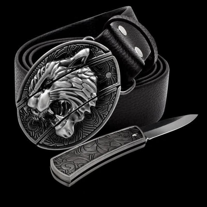 Cinturón de cuero con diseño de tigre rugiente para hombre con navaja plegable