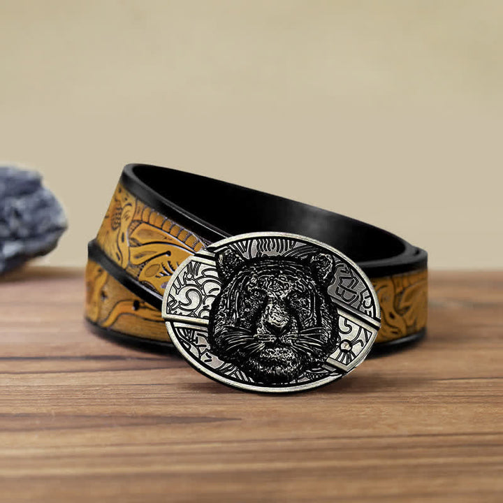 Cinturón de cuero con cuchillo plegable oculto con cabeza de leopardo para hombre