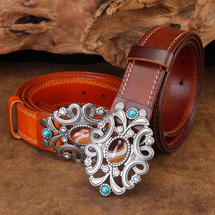 Cinturón unisex de cuero con flor hueca de color turquesa y piedra de ágata