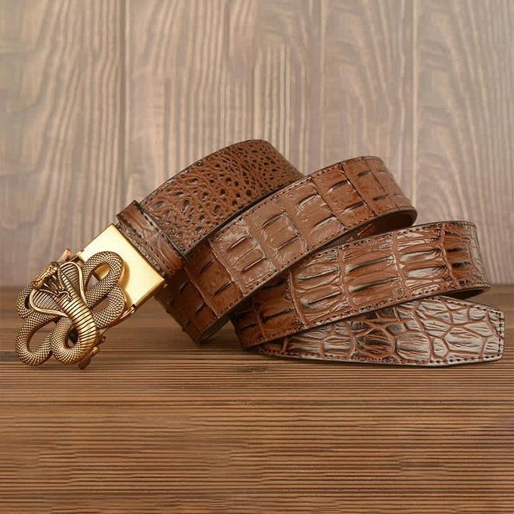Cinturón de piel de cocodrilo con diseño de cobra rizada para hombre