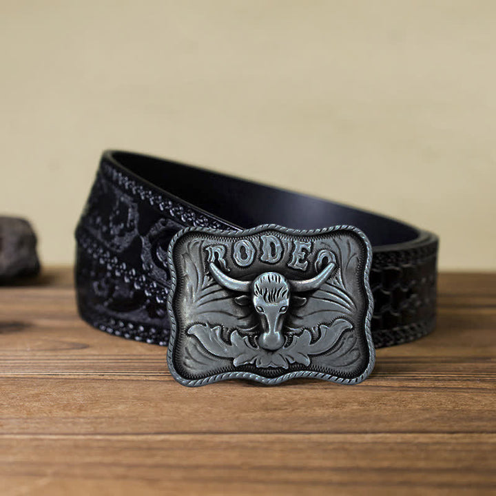 Cinturón de cuero con hebilla de rodeo de toro Longhorn plateado para hombre, hecho a mano