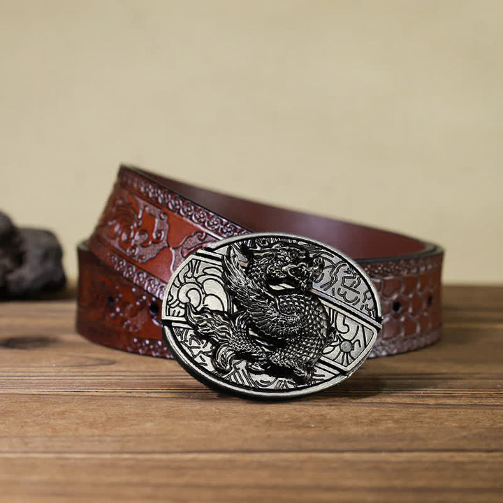 Cinturón de cuero con cuchillo plegable oculto de dragón volador para hombre