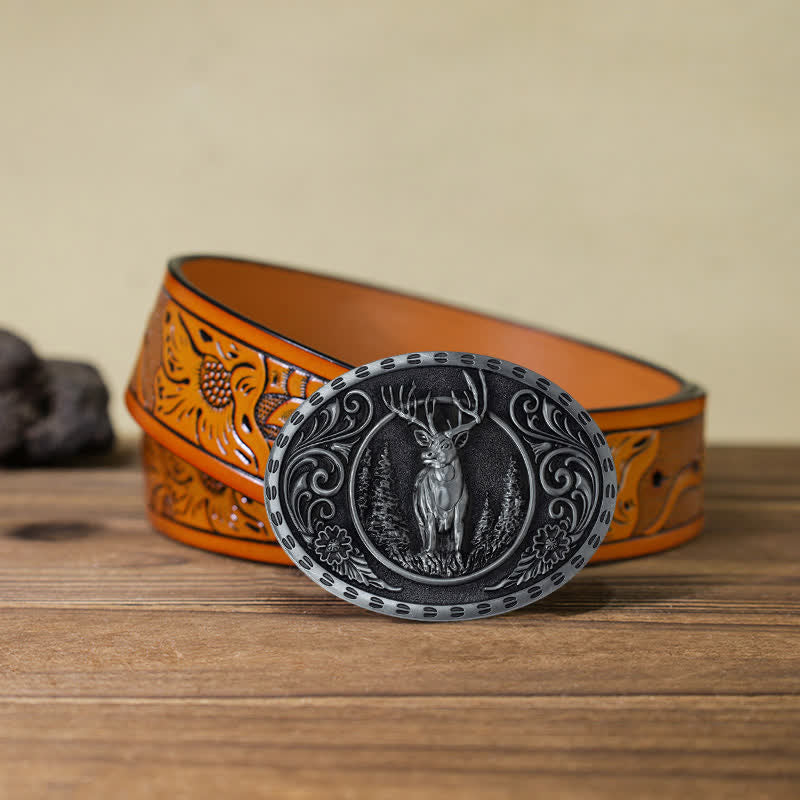 Cinturón de cuero con hebilla de bandera estadounidense para hombre, hecho a mano, con diseño de ciervos