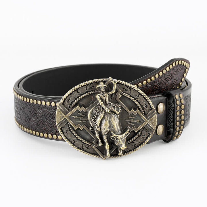 Cinturón de cuero estilo retro informal con diseño de toro para montar para hombre