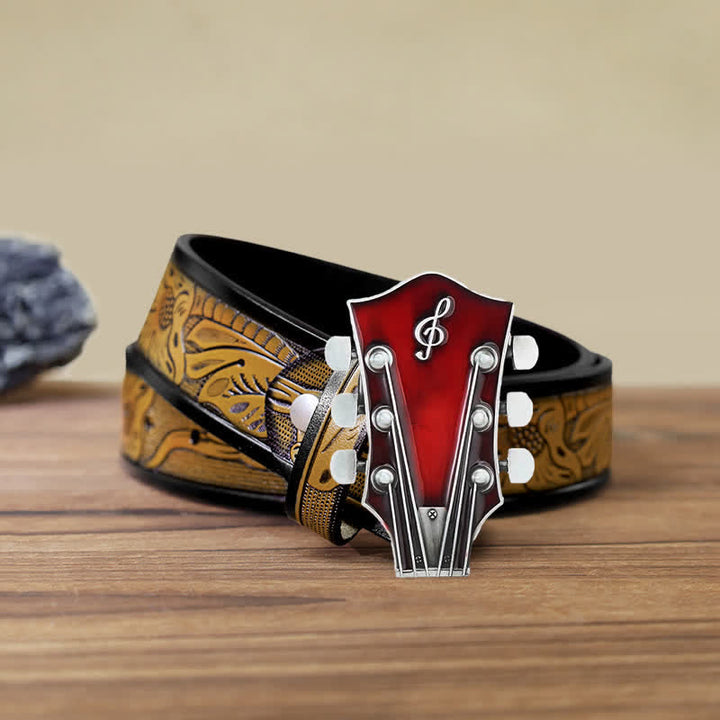 Cinturón de cuero con hebilla de clavijero de guitarra musical para hombre hecho a mano