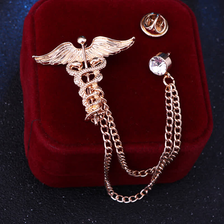 Broche de cadena con serpientes dobles y caduceo para hombre