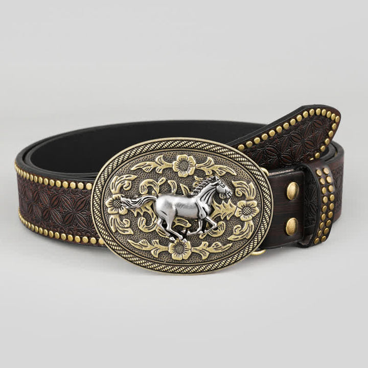 Cinturón de cuero con hebilla floral y diseño de caballo fuerte para hombre