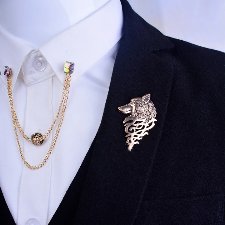 Broche glamoroso con cabeza de lobo hueca para hombre
