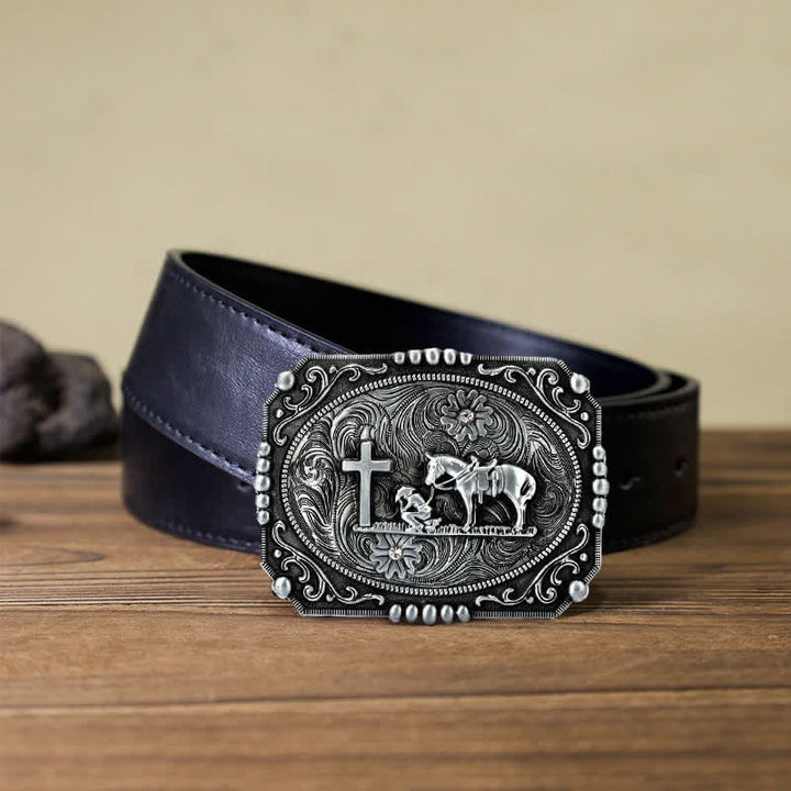 Cinturón de cuero con hebilla de oración de rodillas con cruz de caballo para hombre hecho a mano