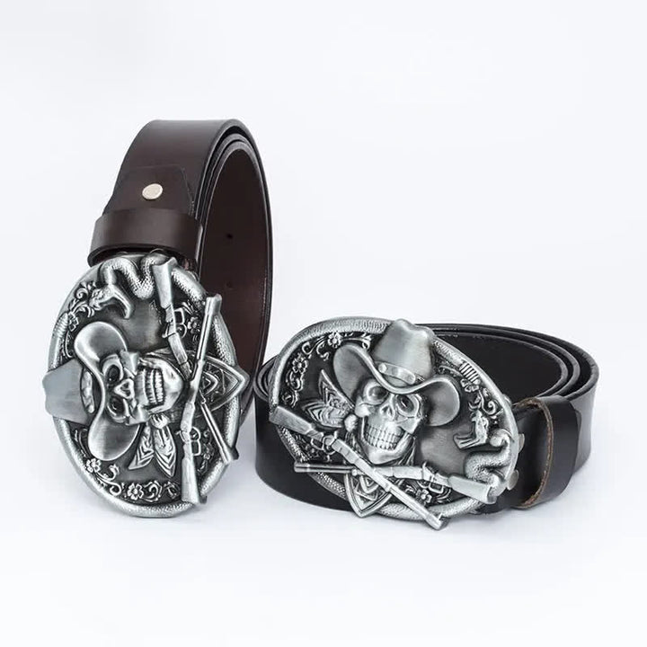 Cinturón de cuero con calavera pirata y pistolas cruzadas para hombre