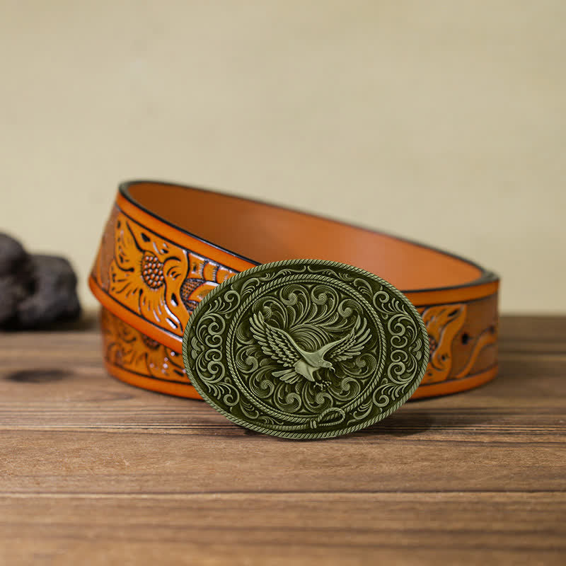 Cinturón de cuero con hebilla floral grabada con águila voladora para hombre hecho a mano