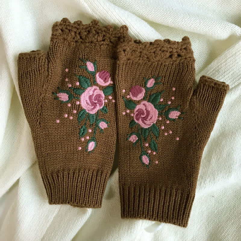 Guantes de punto de medio dedo con bordado de flores para mujer